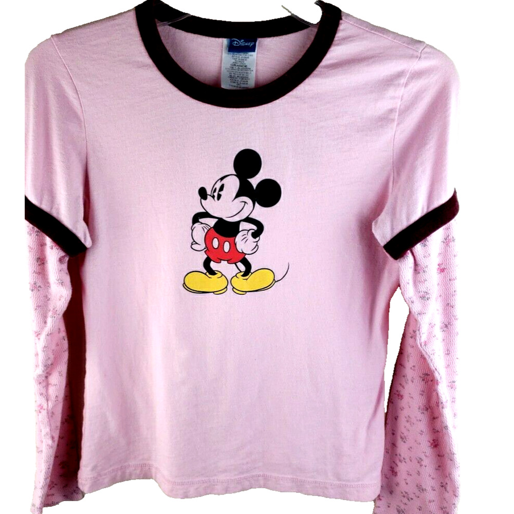 Mickey Mouse Ringer T Shirt Junior Teen Large Jerry Leigh Disney thermal sleeves